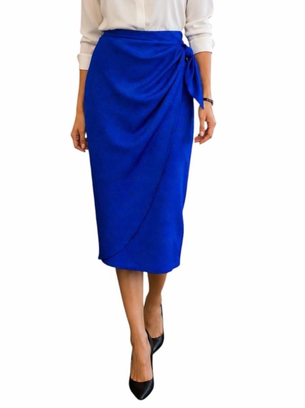 Bold Elements Small Blue Polka Dot Faux Wrap Midi Pencil Skirt Elastic Waist